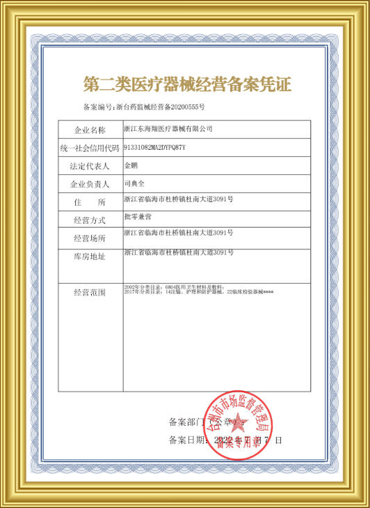 Class II medical device business record certificate